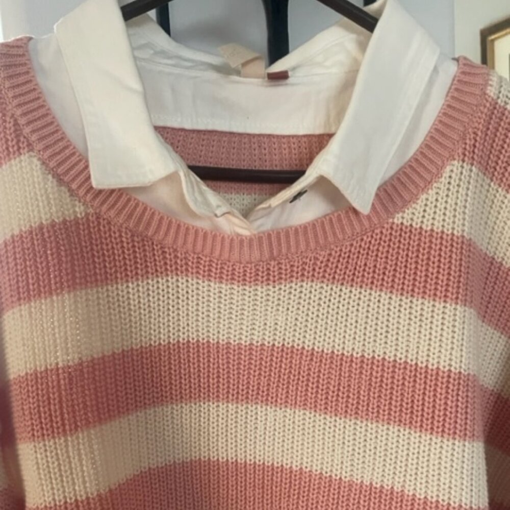 Great cotton sweater/top in pink and creme made by pilcro for Anthropologie